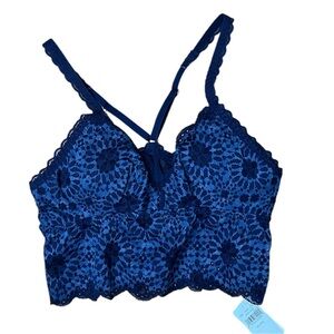 New Aerie Blue Lace Crossover Strap Scalloped Padded Bralette